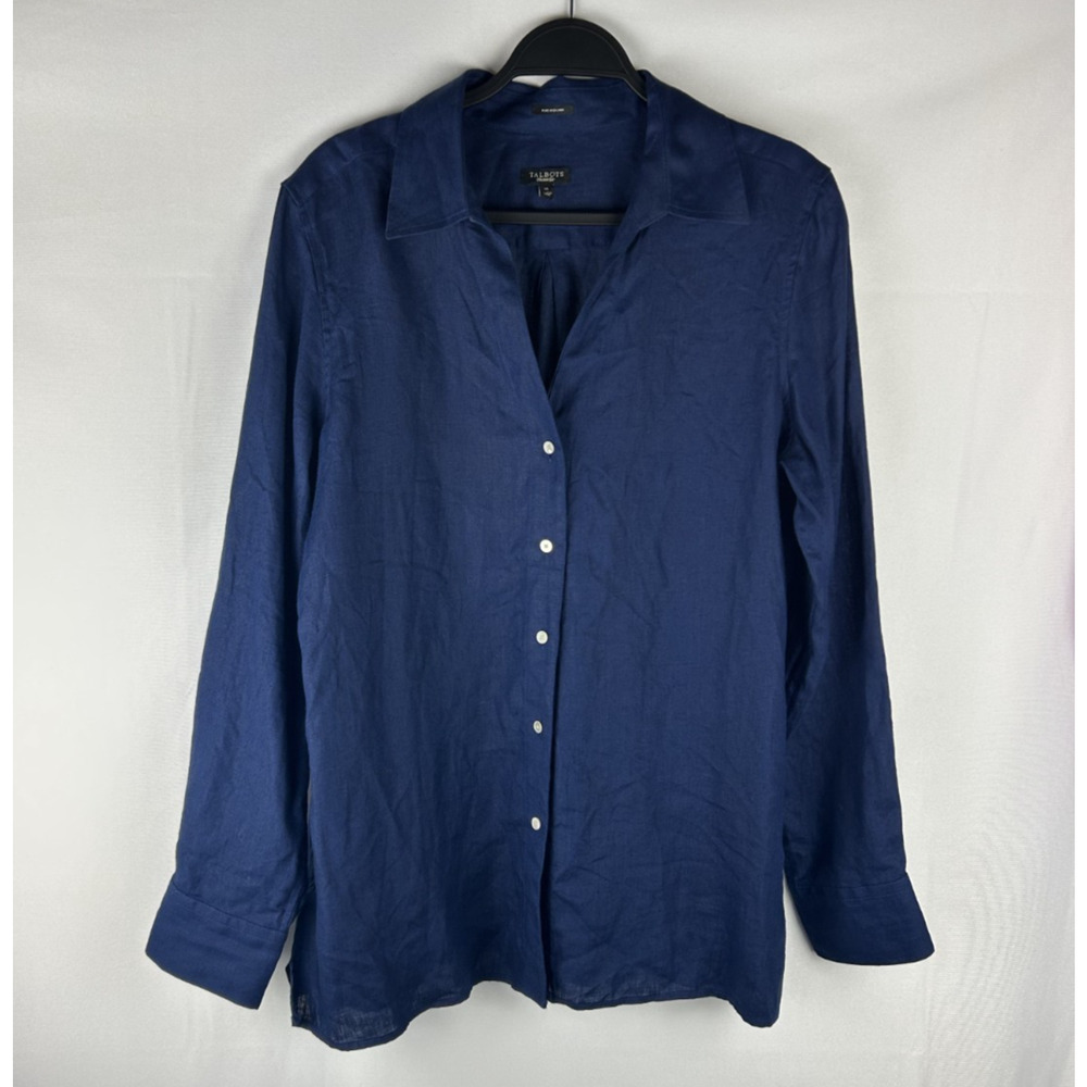 Talbots Navy Button-Front Linen Blend Blouse